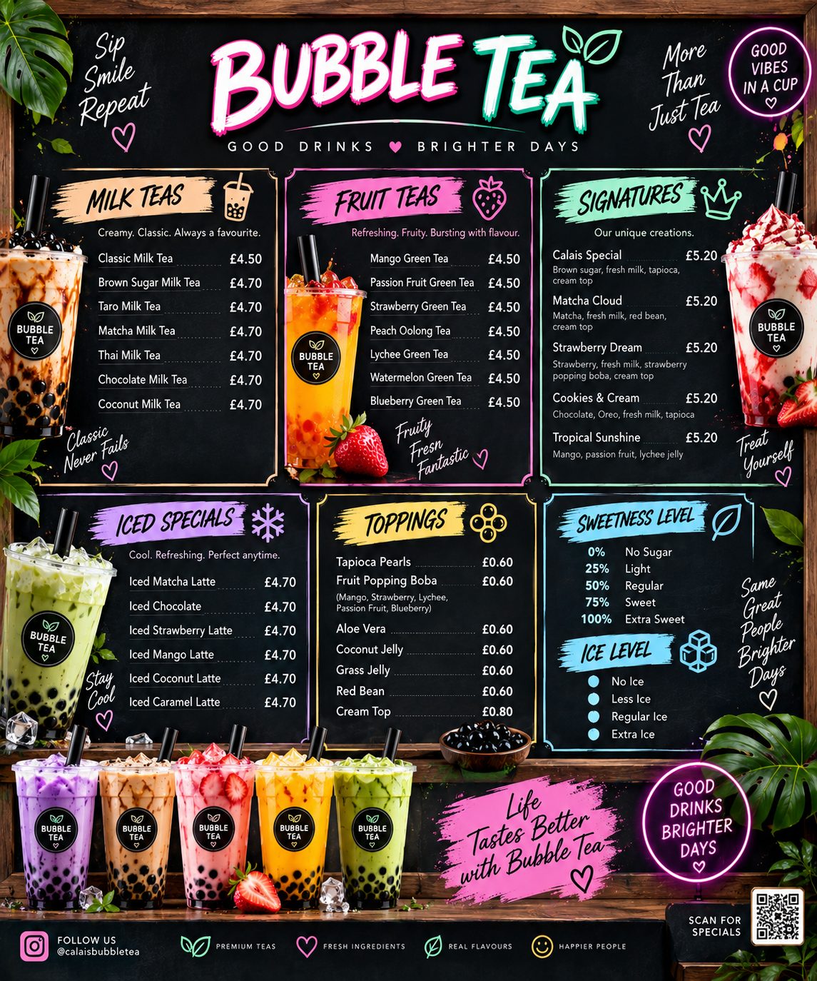 A bubble tea menu board on a television: drinks, toppings and prices on the shop's own artwork