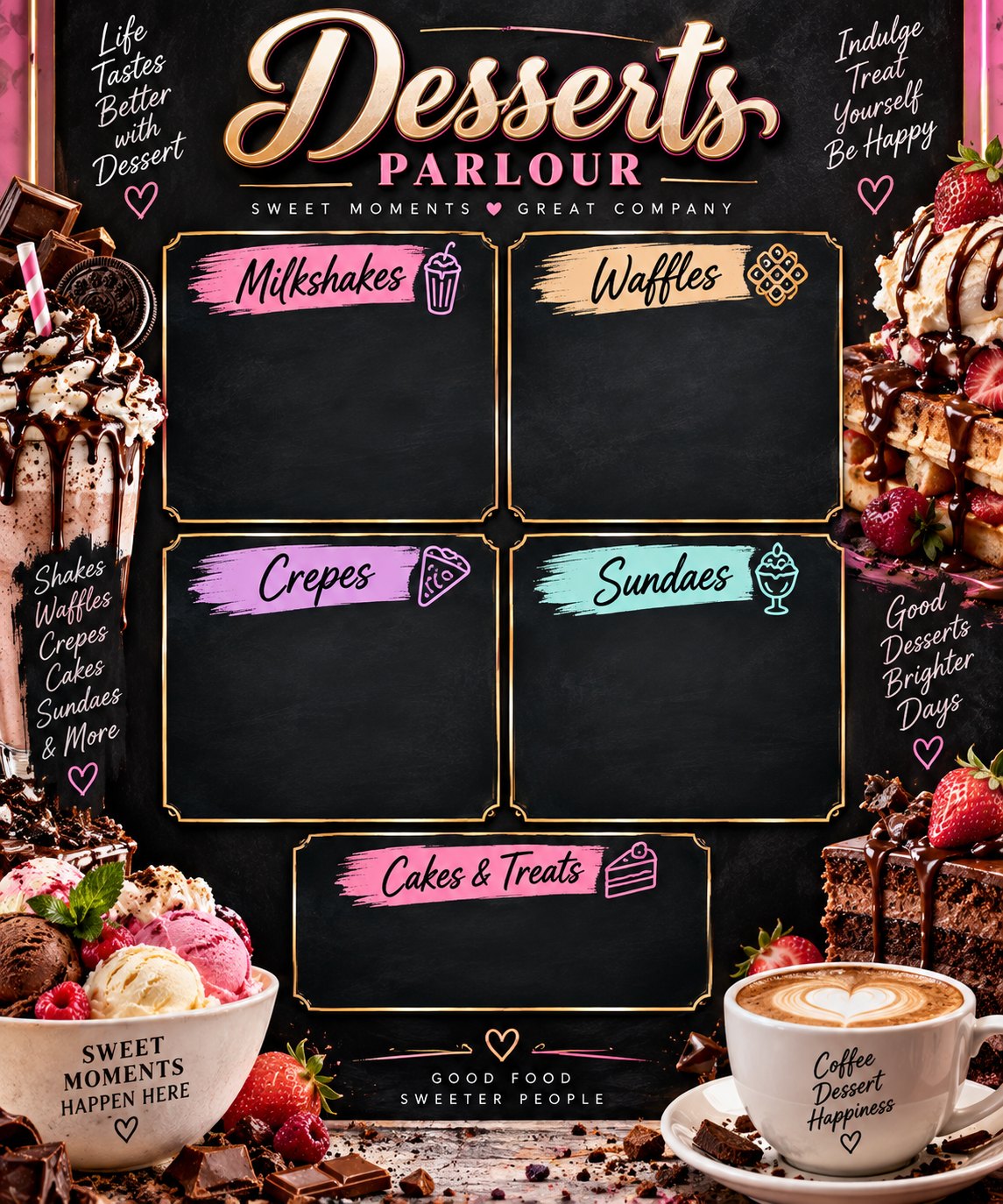 A dessert parlour board of milkshakes, waffles, crepes and sundaes