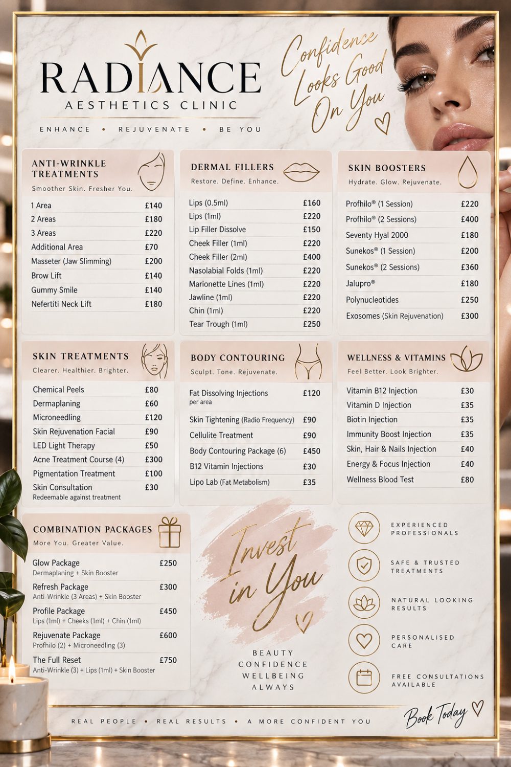 A treatment price list on a clinic board
