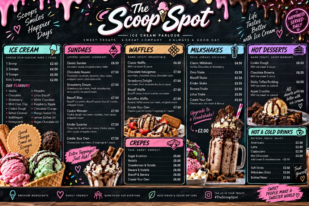 An ice cream parlour board of sundaes and waffles