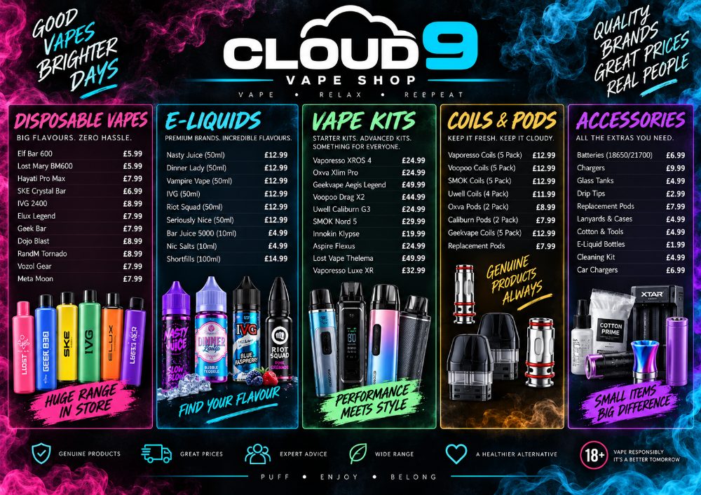 The same vape shop board on a landscape screen