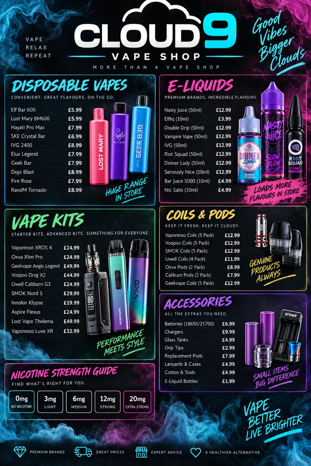 A vape shop board, portrait screen