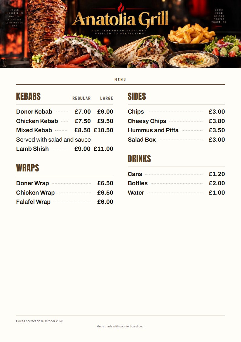 The same prices as a printed A4 counter menu or price list