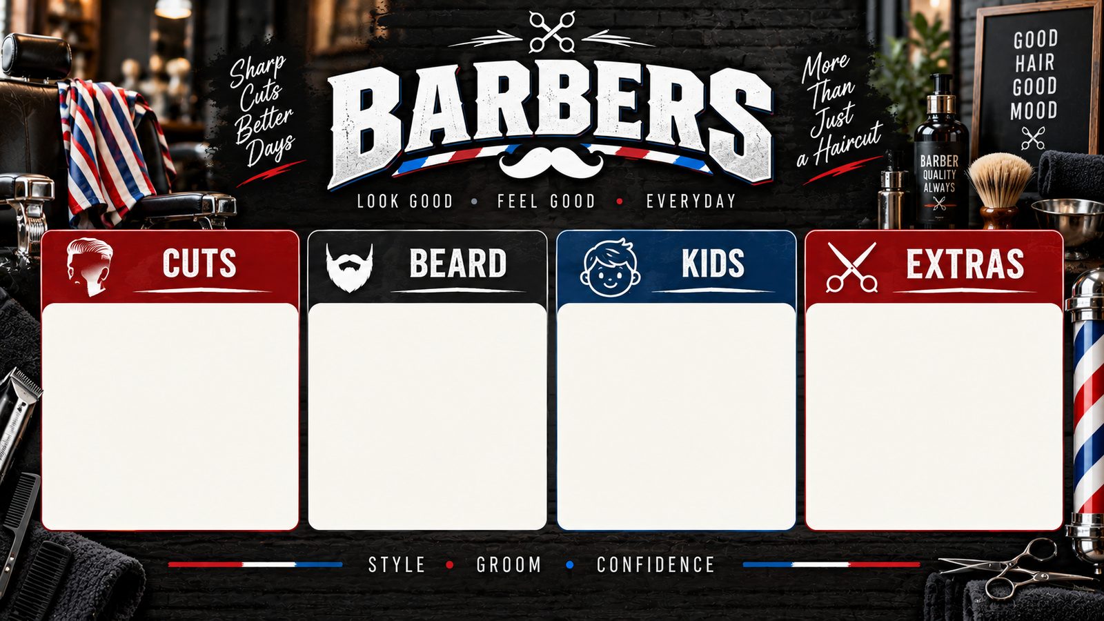 A barber menu board with panels for cuts, beard, kids and extras