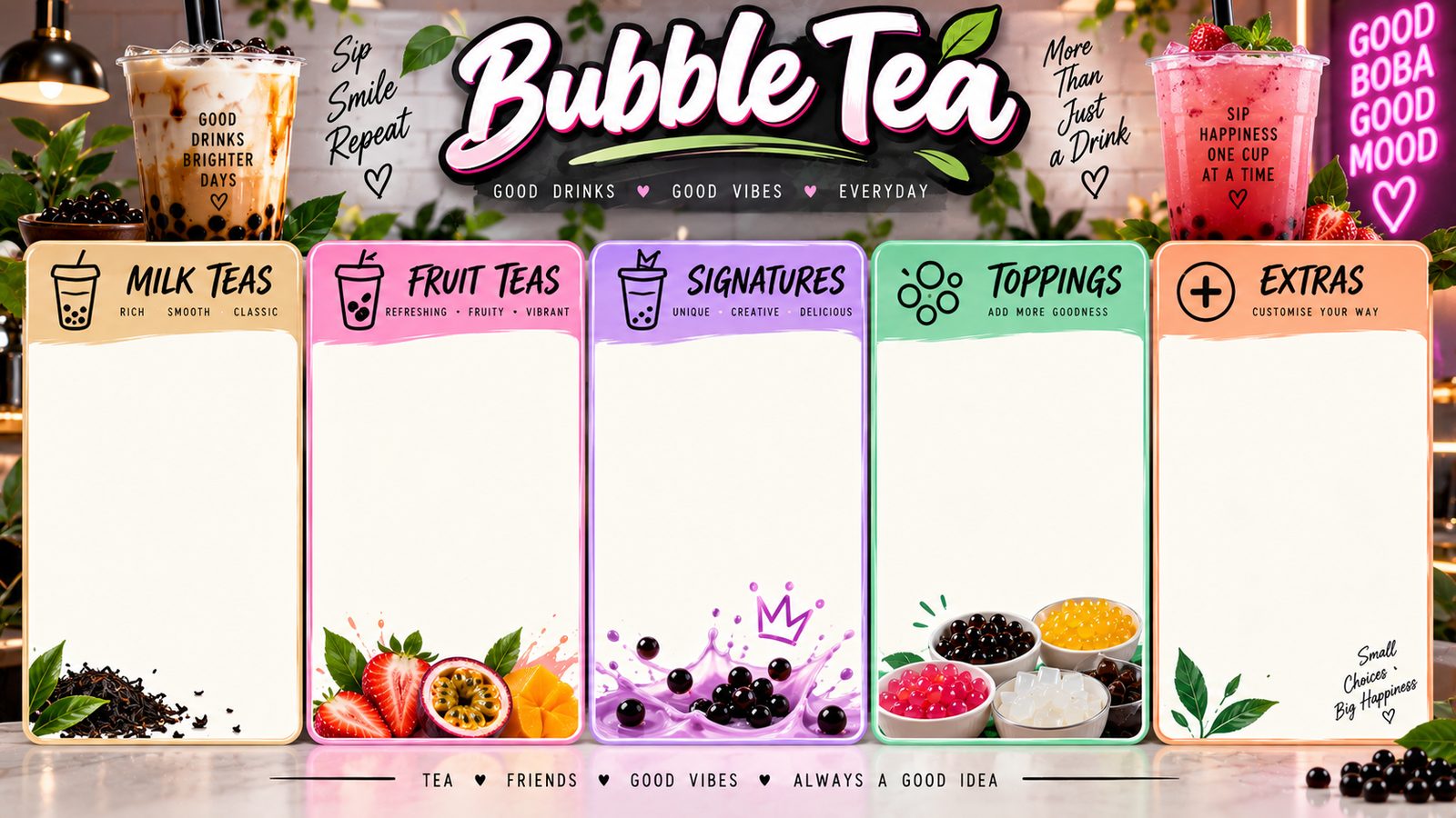 A bubble tea shop menu board with panels for milk teas, fruit teas, signatures, toppings and extras