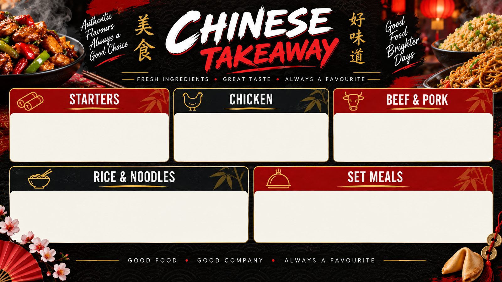 A chinese takeaway menu board with panels for starters, chicken, beef & pork, rice & noodles and set meals