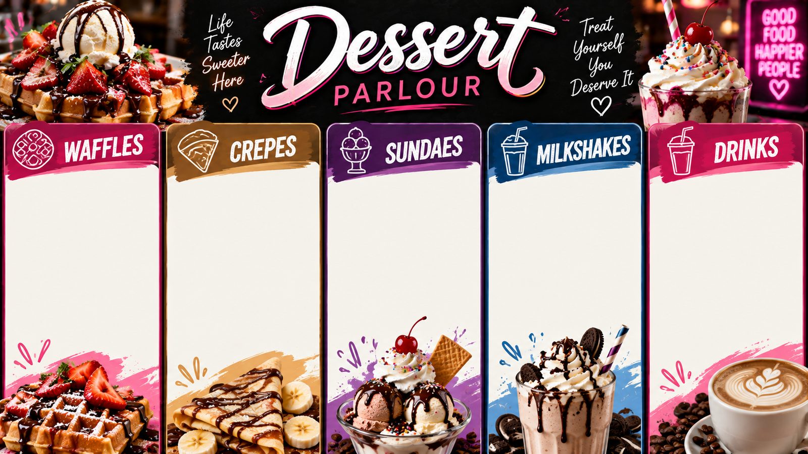 A dessert parlour menu board with panels for waffles, crepes, sundaes, milkshakes and drinks
