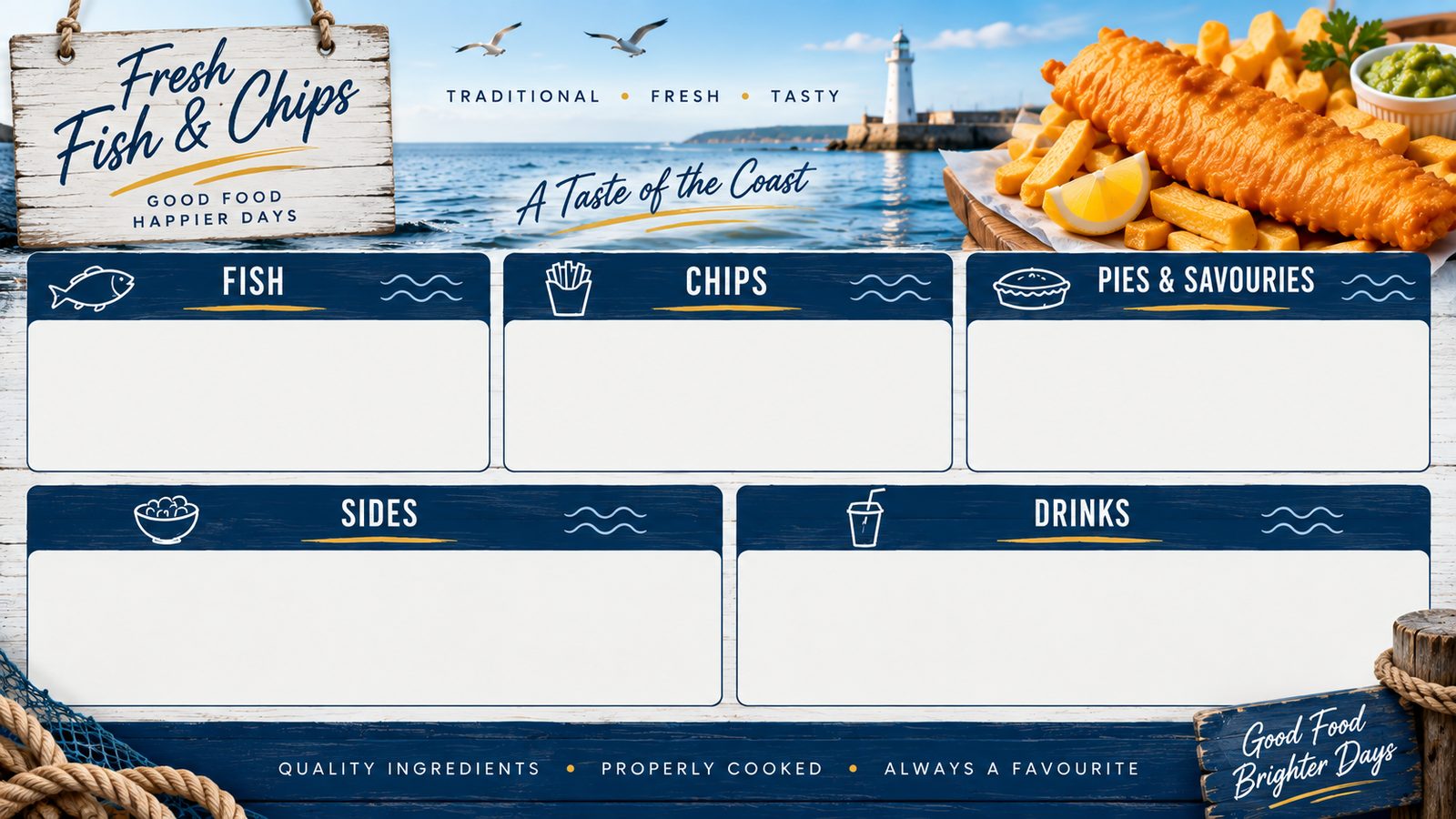 A fish and chip shop menu board with panels for fish, chips, pies & savouries, sides and drinks