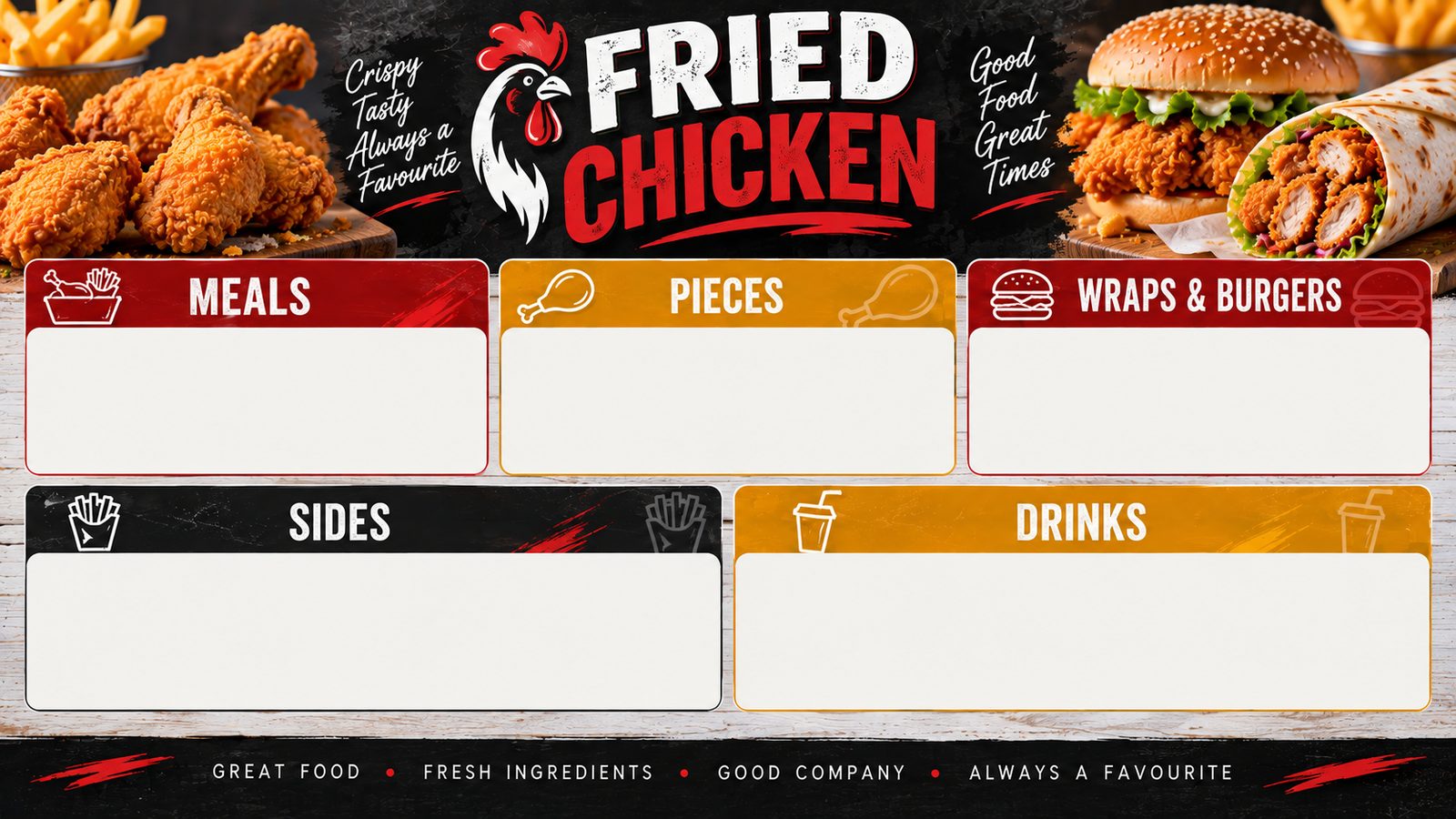 A chicken shop menu board with panels for meals, pieces, wraps & burgers, sides and drinks