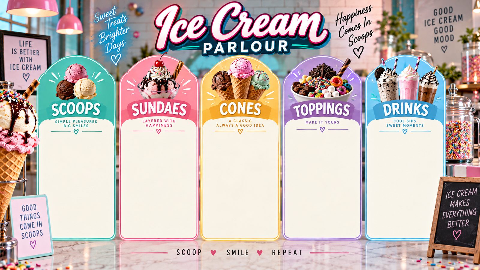A ice cream parlour menu board with panels for scoops, sundaes, cones, toppings and drinks