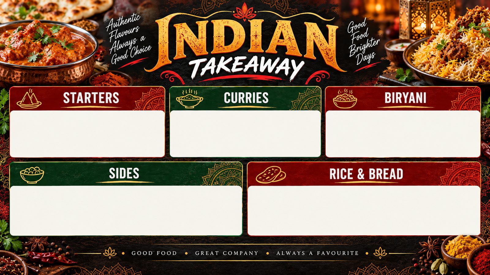 A indian takeaway menu board with panels for starters, curries, biryani, sides and rice & bread