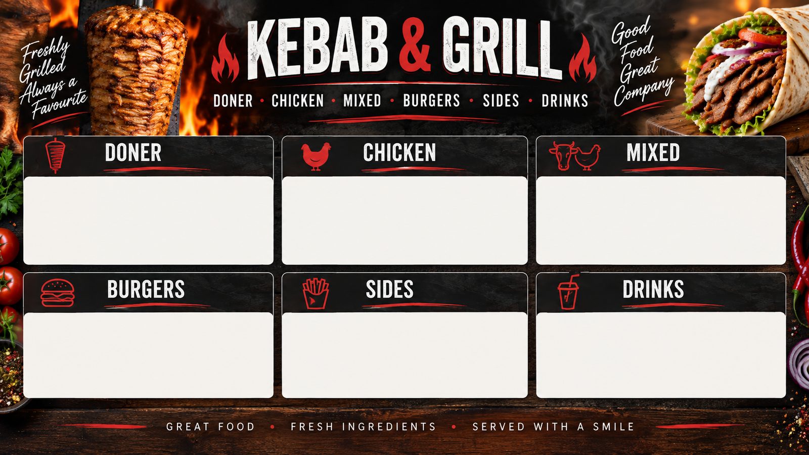 A kebab shop menu board with panels for doner, chicken, mixed, burgers, sides and drinks