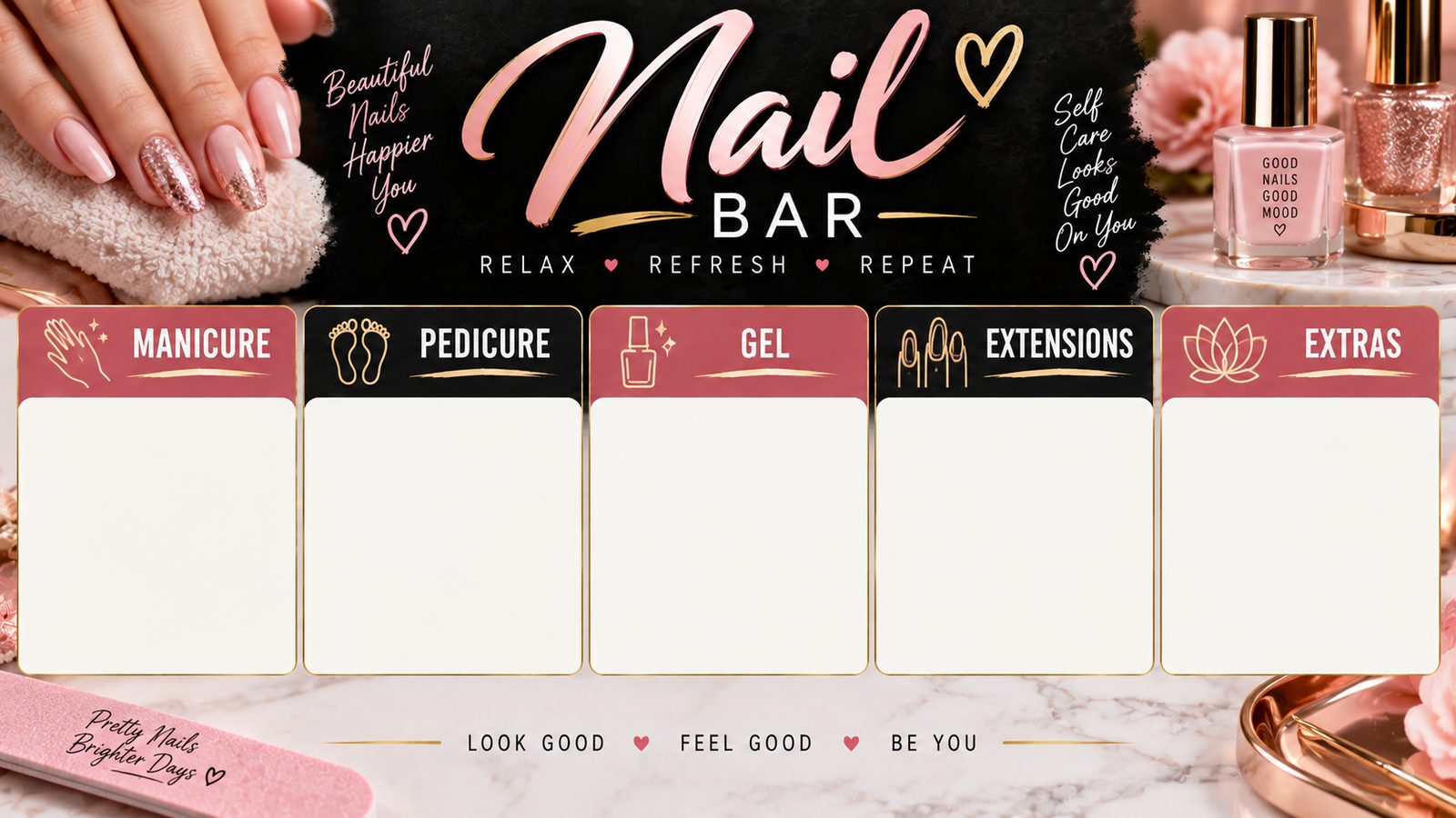 A nail bar menu board with panels for manicure, pedicure, gel, extensions and extras