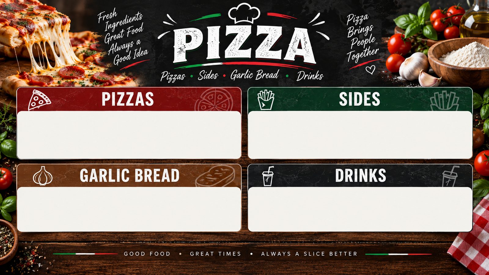 A pizza takeaway menu board with panels for pizzas, sides, garlic bread and drinks