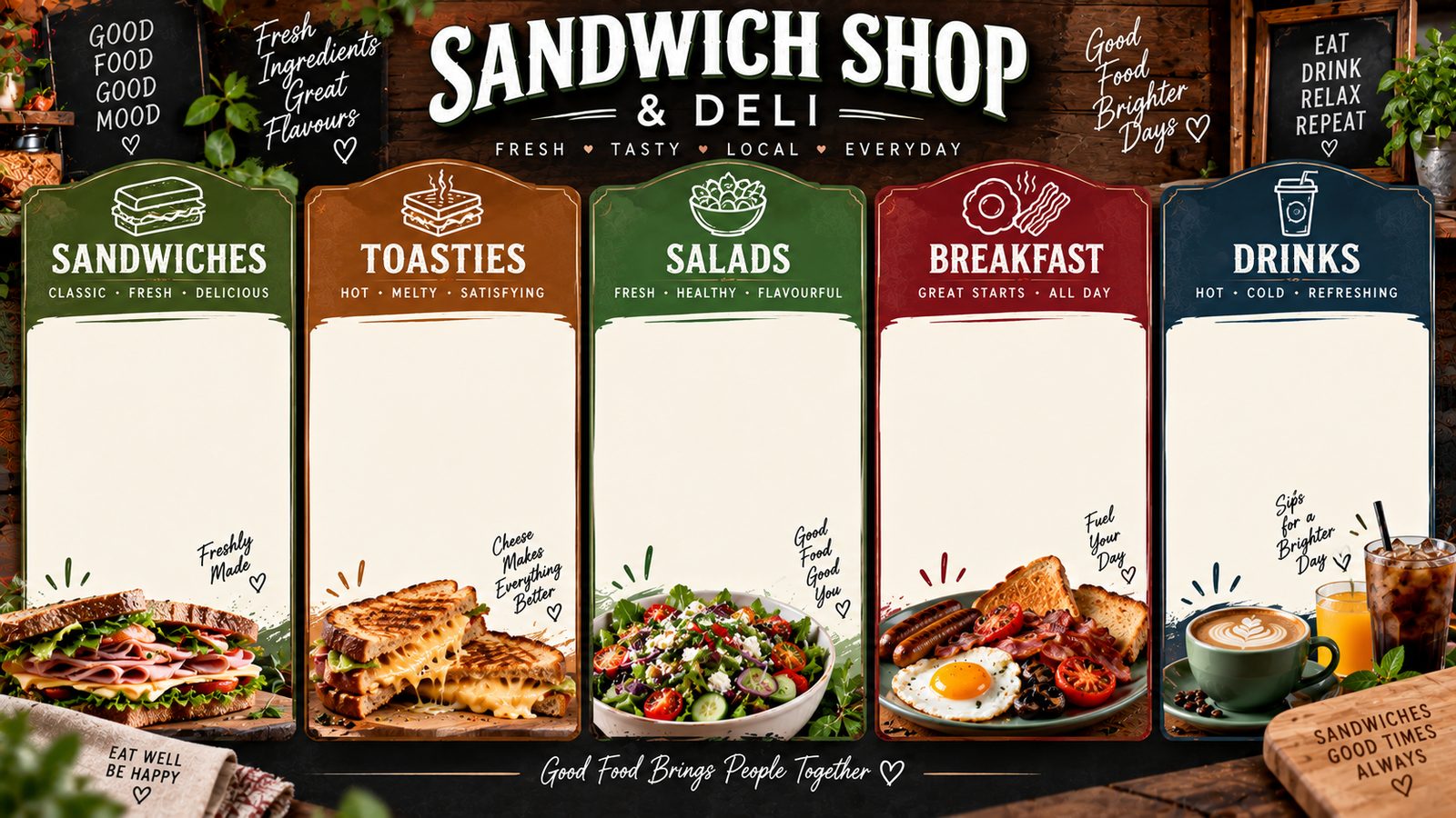 A sandwich shop menu board with panels for sandwiches, toasties, salads, breakfast and drinks