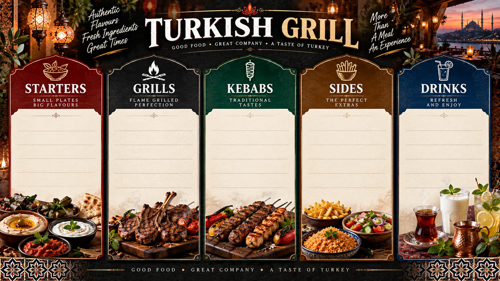 A turkish grill menu board with panels for starters, grills, kebabs, sides and drinks