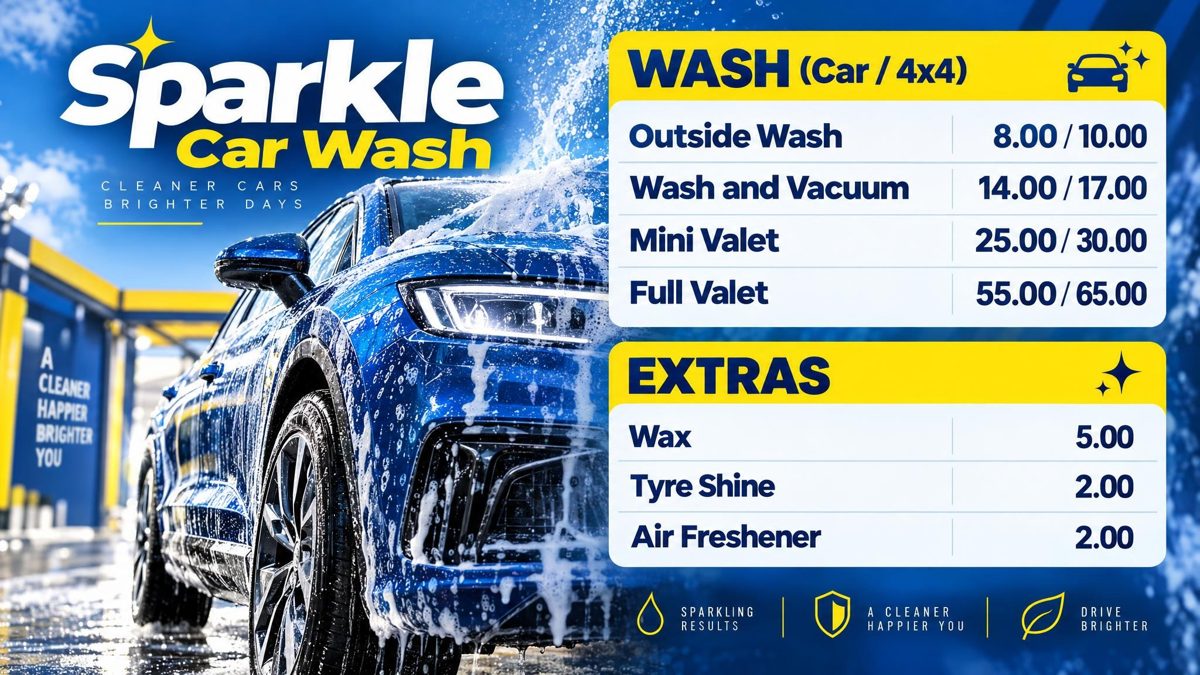 The board of Sparkle Car Wash, an example shop, with panels for wash and extras