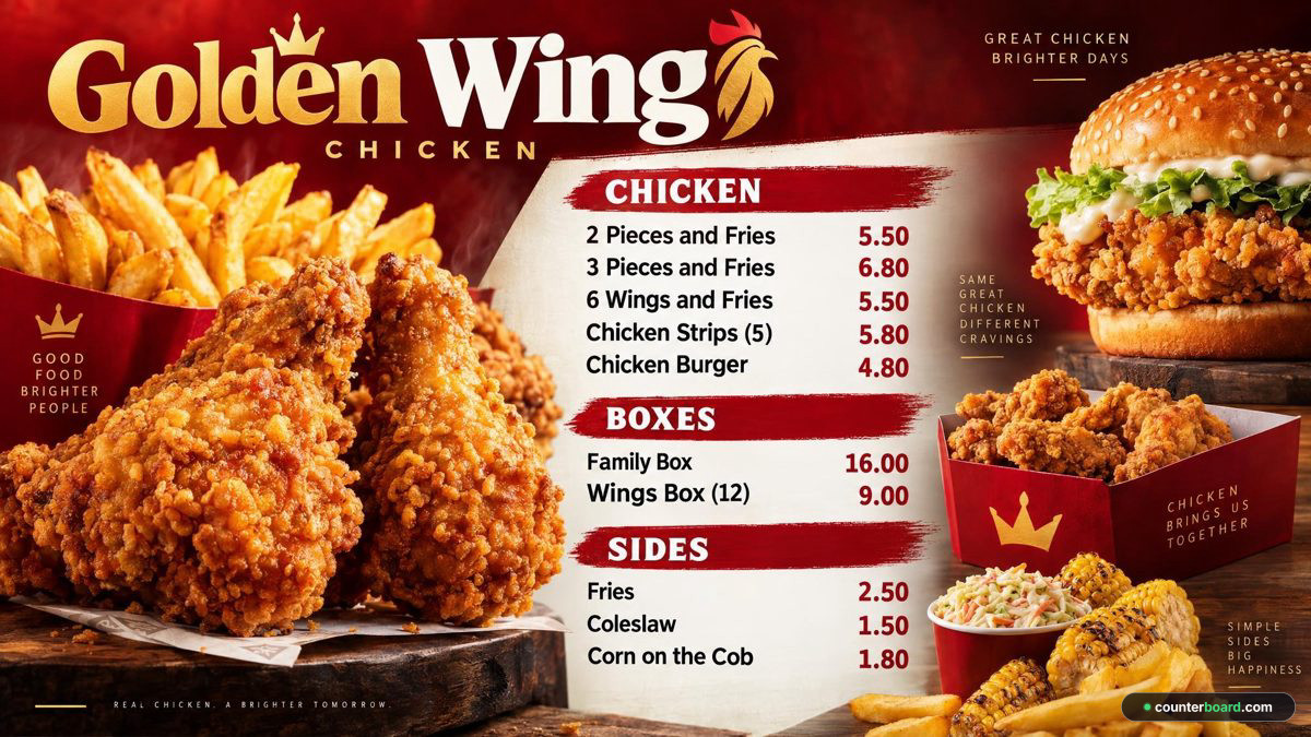The board of Golden Wing Chicken, an example chicken shop, with chicken, boxes, sides