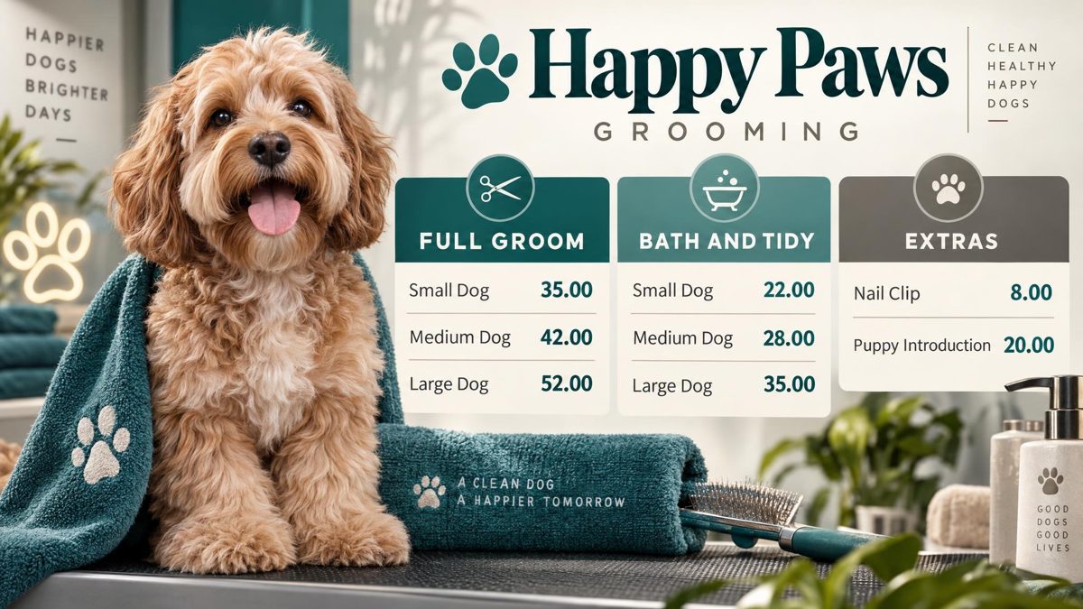 The board of Happy Paws Grooming, an example shop, with panels for full groom, bath and tidy and extras