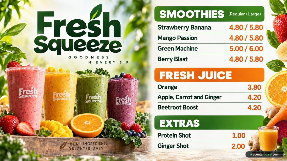 The board of Fresh Squeeze, an example shop, with panels for smoothies, fresh juice and extras