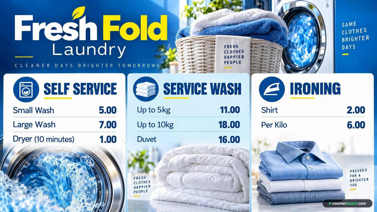 The board of Fresh Fold Laundry, an example shop, with panels for self service, service wash and ironing