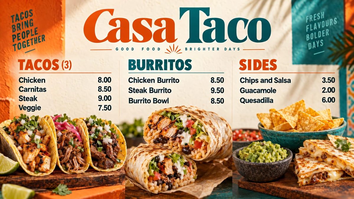 The board of Casa Taco, an example shop, with panels for tacos, burritos and sides