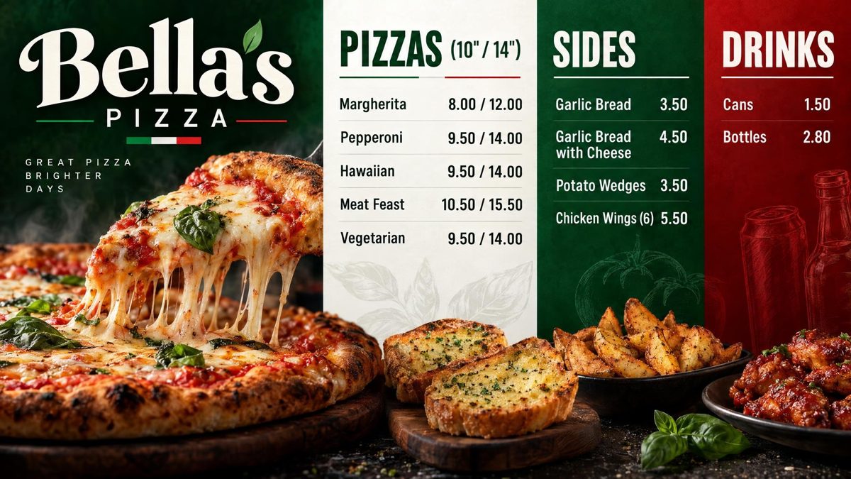 A pizza shop's menu board, drawn by Counterboard AI