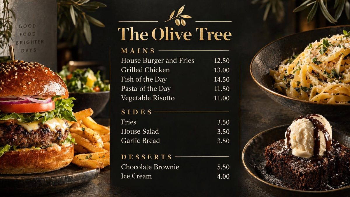 The board of The Olive Tree, an example shop, with panels for mains, sides and desserts