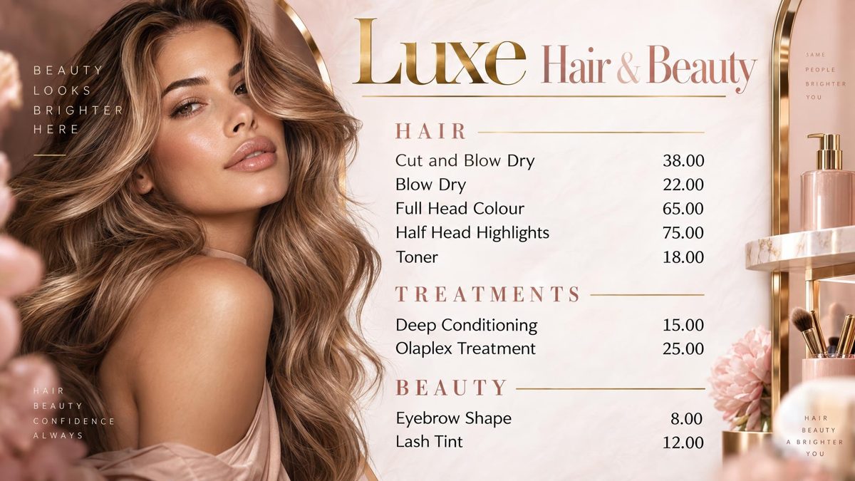 The board of Luxe Hair & Beauty, an example hair and beauty salon, with hair, treatments, beauty