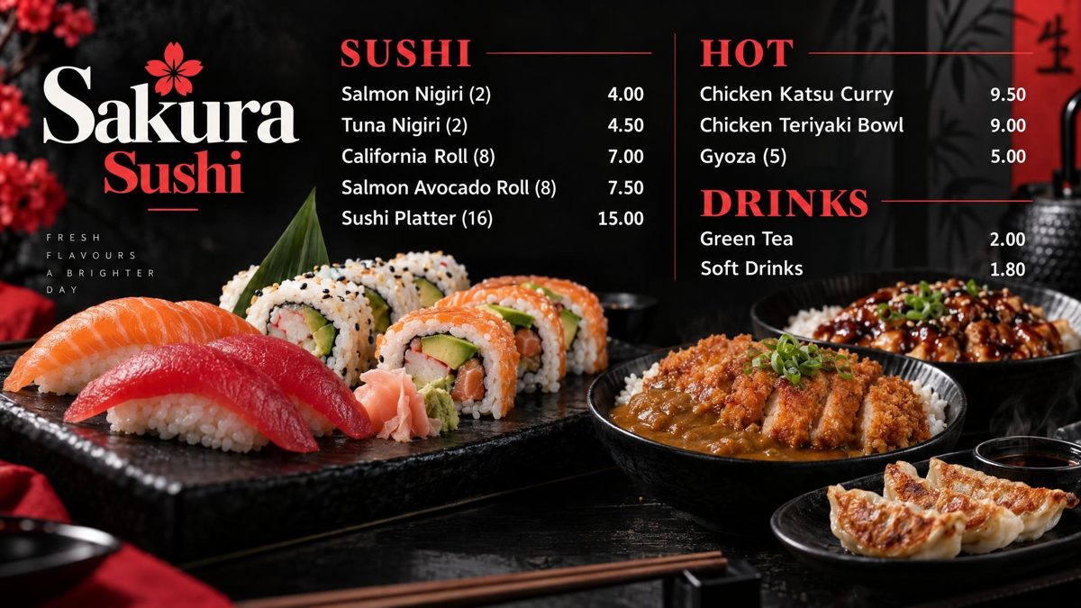 The board of Sakura Sushi, an example shop, with panels for sushi, hot and drinks