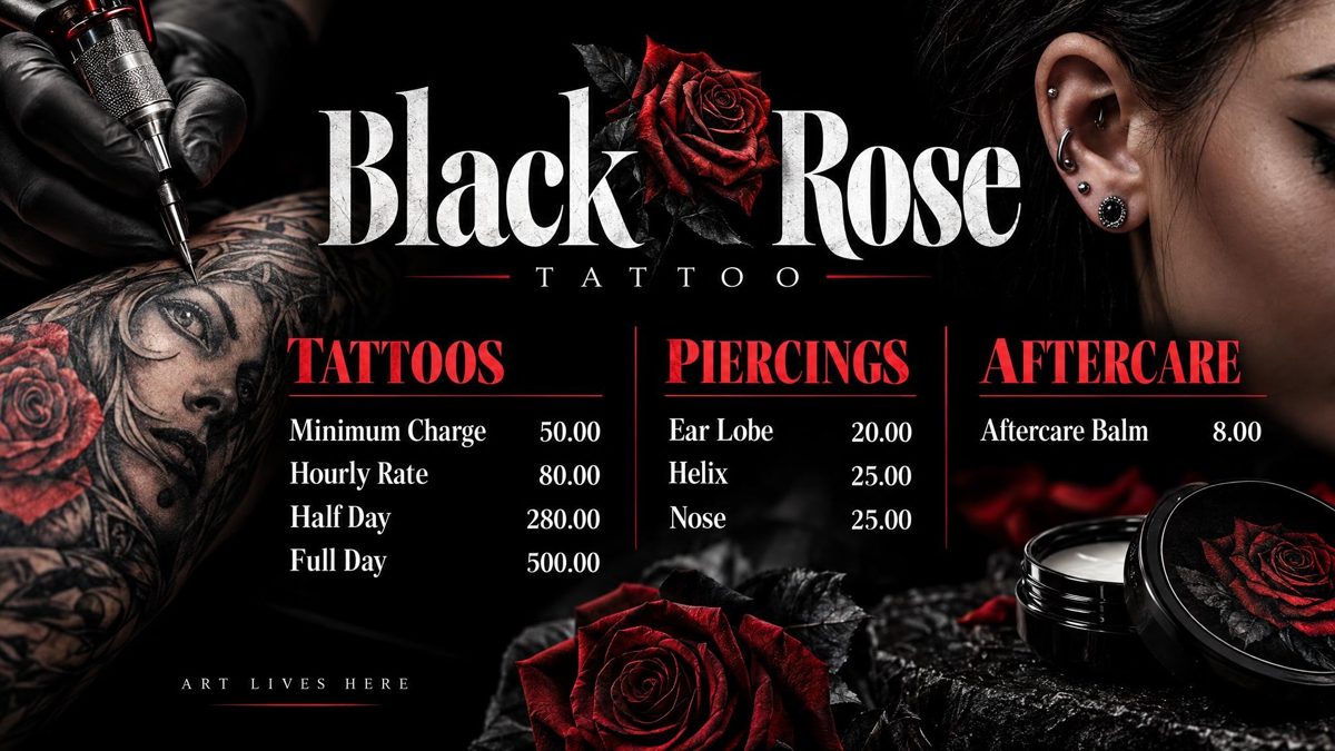 The board of Black Rose Tattoo, an example shop, with panels for tattoos, piercings and aftercare