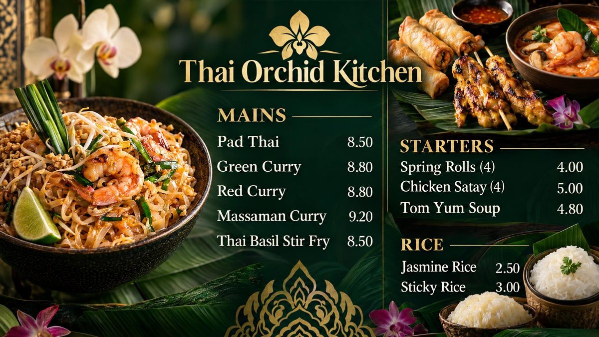 The board of Thai Orchid Kitchen, an example shop, with panels for mains, starters and rice