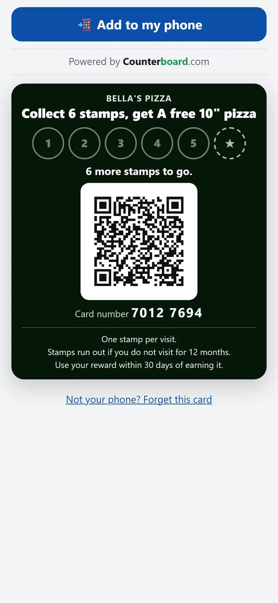 A customer stamp card on a phone
