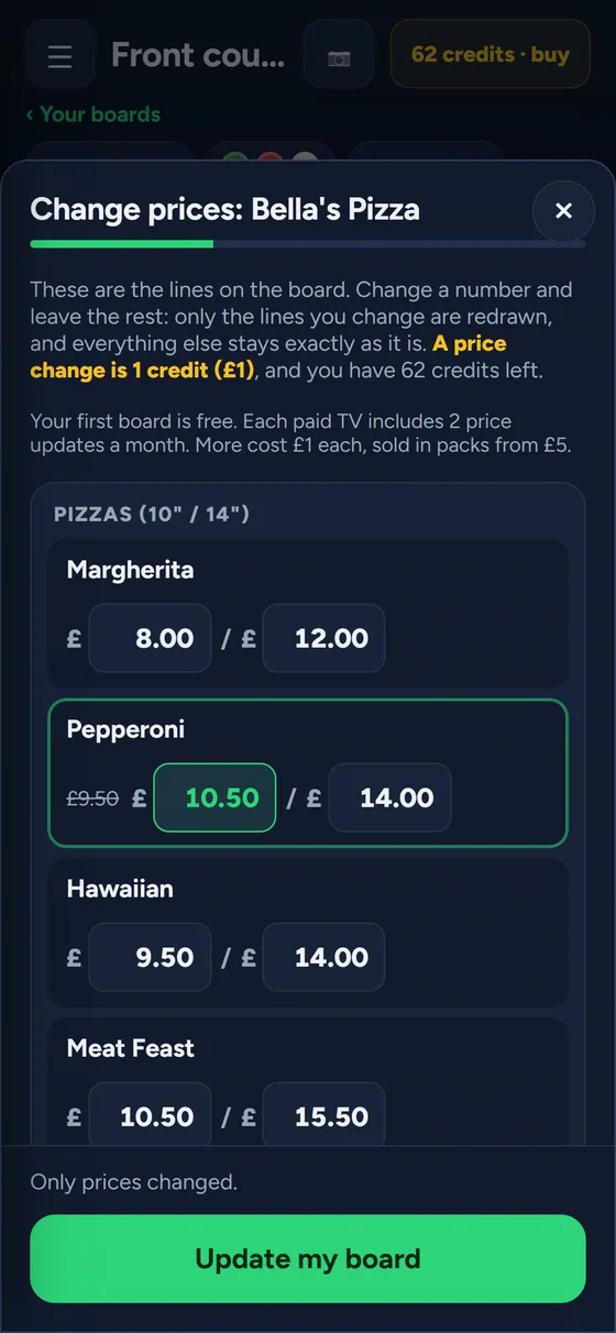 Changing the price of a pepperoni pizza on a phone