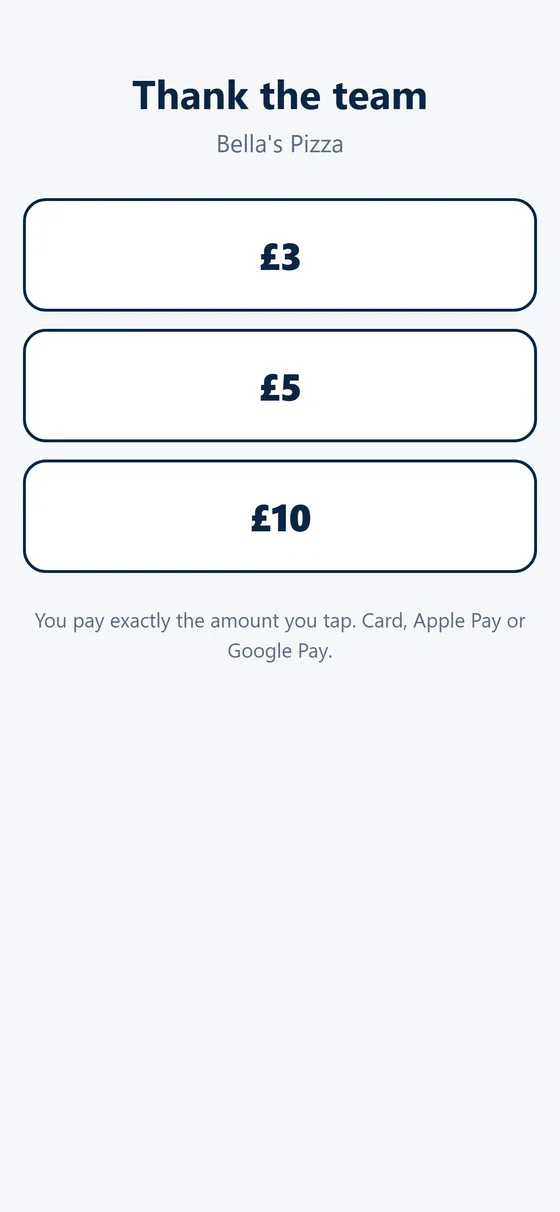 The tip page on a phone with three amounts