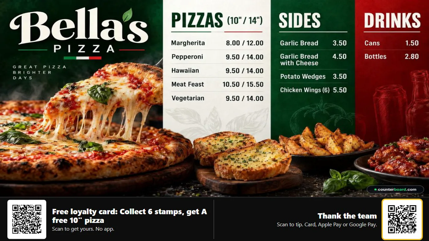 A pizza board on a screen with the loyalty card code along the bottom
