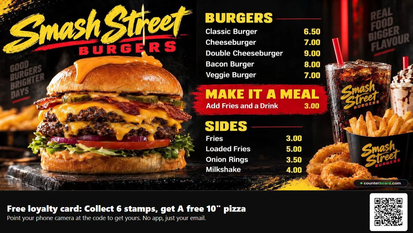 A burger board on a screen, its food moving and its prices still